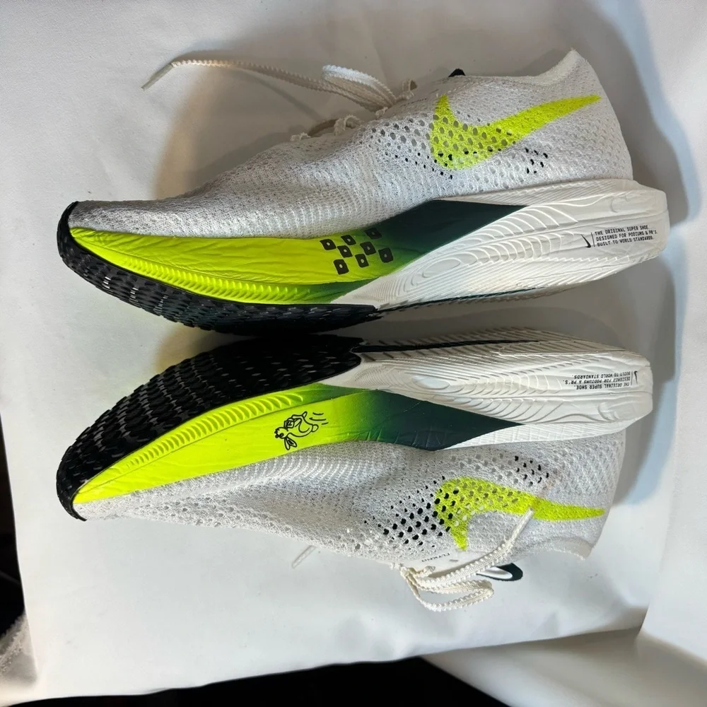 NIKE Sz 9.5 Vaporfly Zoom X White and Neon Yellow Breathable Running Shoes - Picture 5 of 16